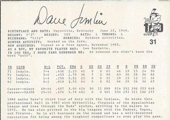 1986 Indianapolis Indians #31 Dave Tomlin Back