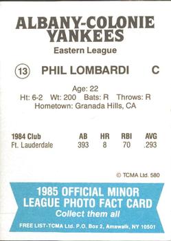 1985 TCMA Albany-Colonie Yankees #13 Phil Lombardi Back