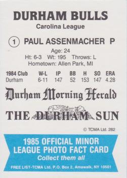 1985 TCMA Durham Bulls #1 Paul Assenmacher Back