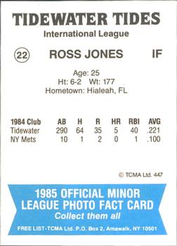 1985 TCMA Tidewater Tides #22 Ross Jones Back