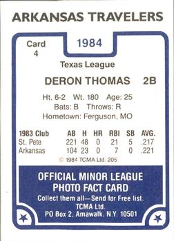 1984 TCMA Arkansas Travelers #4 Deron Thomas Back