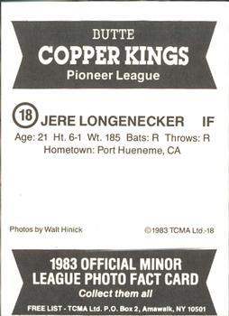 1983 TCMA Butte Copper Kings #18 Jere Longenecker Back