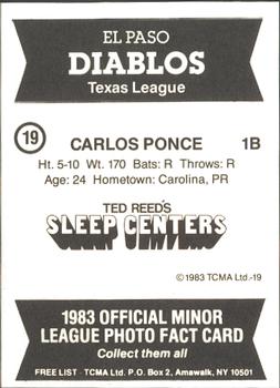 1983 TCMA El Paso Diablos #19 Carlos Ponce Back