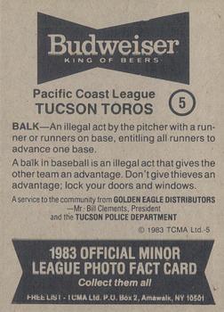 1983 TCMA Tucson Toros #5 Ron Meridith Back