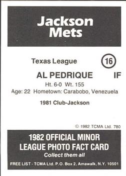 1982 TCMA Jackson Mets #16 Al Pedrique Back