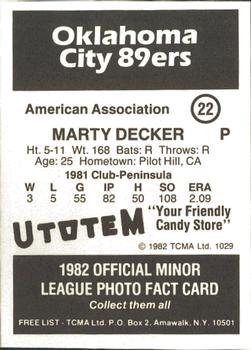1982 TCMA Oklahoma City 89ers #22 Marty Decker Back