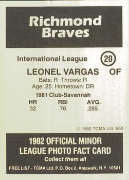 1982 TCMA Richmond Braves #20 Leonel Vargas Back