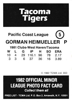 1982 TCMA Tacoma Tigers #5 Gorman Heimueller Back