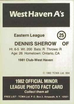 1982 TCMA West Haven A's #25 Dennis Sherow Back