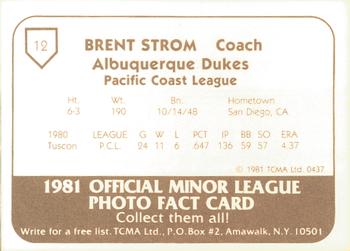 1981 TCMA Albuquerque Dukes #12 Brent Strom Back