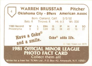 1981 TCMA Oklahoma City 89ers #4 Warren Brusstar Back