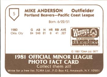 1981 TCMA Portland Beavers #5 Mike Anderson Back