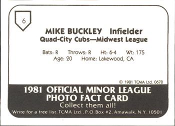 1981 TCMA Quad City Cubs #6 Mike Buckley Back