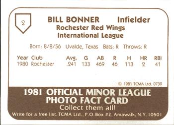 1981 TCMA Rochester Red Wings #2 Bob Bonner Back
