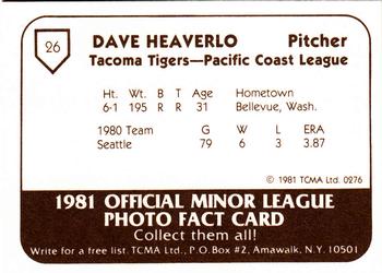 1981 TCMA Tacoma Tigers #26 Dave Heaverlo Back