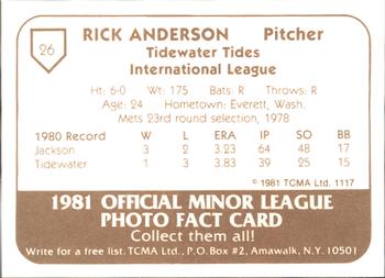 1981 TCMA Tidewater Tides #26 Rick Anderson Back
