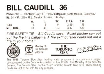 1986 Toronto Blue Jays Fire Safety #NNO Bill Caudill Back