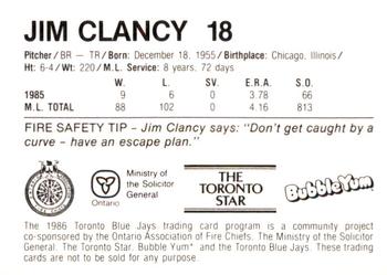 1986 Toronto Blue Jays Fire Safety #NNO Jim Clancy Back