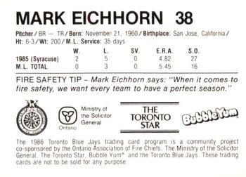 1986 Toronto Blue Jays Fire Safety #NNO Mark Eichhorn Back