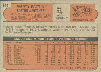 1972 Topps #144 Marty Pattin Back
