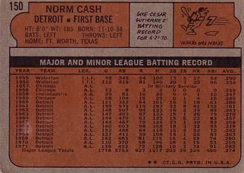 1972 Topps #150 Norm Cash Back