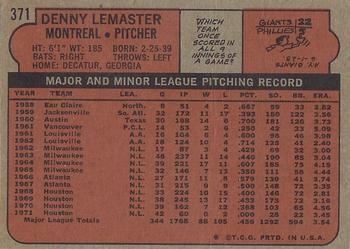 1972 Topps #371 Denny Lemaster Back