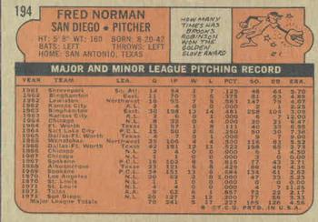 1972 Topps #194 Fred Norman Back