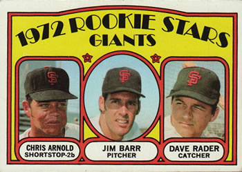 1972 Topps #232 Giants 1972 Rookie Stars (Chris Arnold / Jim Barr / Dave Rader) Front