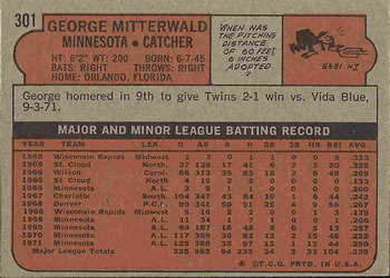 1972 Topps #301 George Mitterwald Back