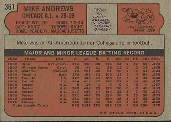 1972 Topps #361 Mike Andrews Back