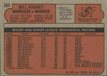 1972 Topps #389 Bill Rigney Back