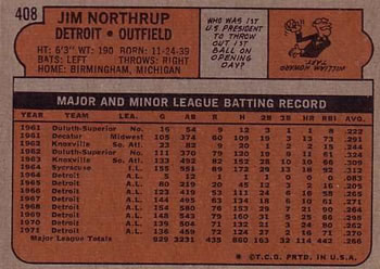 1972 Topps #408 Jim Northrup Back