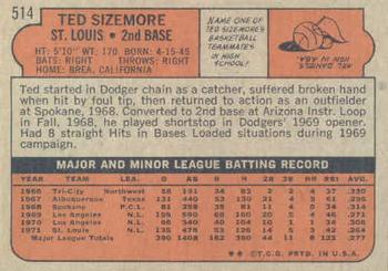 1972 Topps #514 Ted Sizemore Back