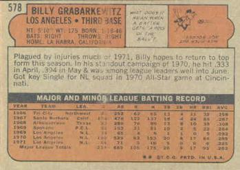 1972 Topps #578 Billy Grabarkewitz Back