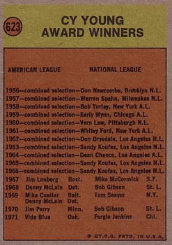 1972 Topps #623 Cy Young Award Back