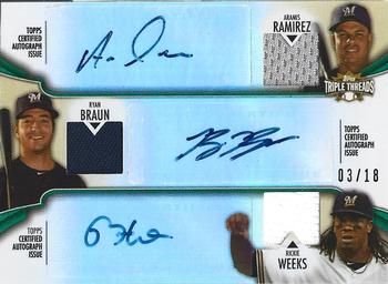 2012 Topps Triple Threads - Autograph Relic Combos Emerald #TTARC-13 Aramis Ramirez / Ryan Braun / Rickie Weeks Front