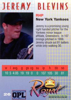 2000 Royal Rookies - Autographs #26 Jeremy Blevins Back