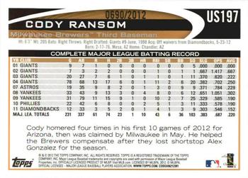 2012 Topps Update - Gold #US197 Cody Ransom Back