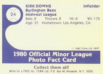 1980 TCMA Burlington Bees #24 Kirk Downs Back