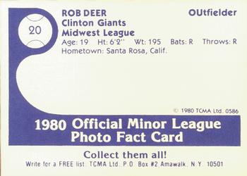 1980 TCMA Clinton Giants #20 Rob Deer Back