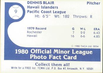 1980 TCMA Hawaii Islanders #9 Dennis Blair Back