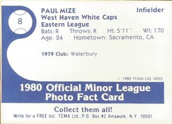 1980 TCMA West Haven White Caps #8 Paul Mize Back