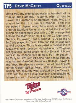 1992 Upper Deck Minor League - Top Prospect Holograms #TP5 David McCarty Back