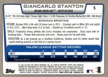 2012 Bowman Chrome #5 Giancarlo Stanton Back