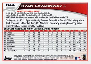 2013 Topps #644 Ryan Lavarnway Back