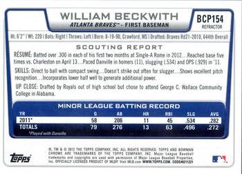 2012 Bowman Chrome - Prospects Green Refractors #BCP154 William Beckwith Back