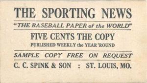 1916 Sporting News (M101-4) #6 Jimmy Archer Back