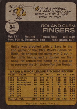 1973 Topps #84 Rollie Fingers Back