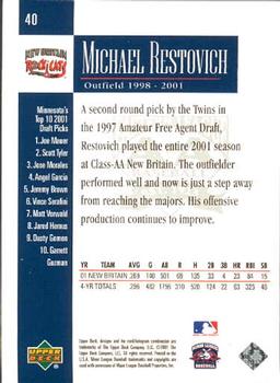 2001 Upper Deck Minors Centennial #40 Michael Restovich Back