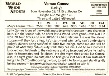 1986 Conlon World Wide Sports Series 1 #45 Lefty Gomez Back